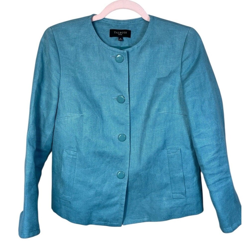 Women's Size 6P Talbots‎ Linen Teal Blazer Enameled Buttons 3/4 Sleeves Career